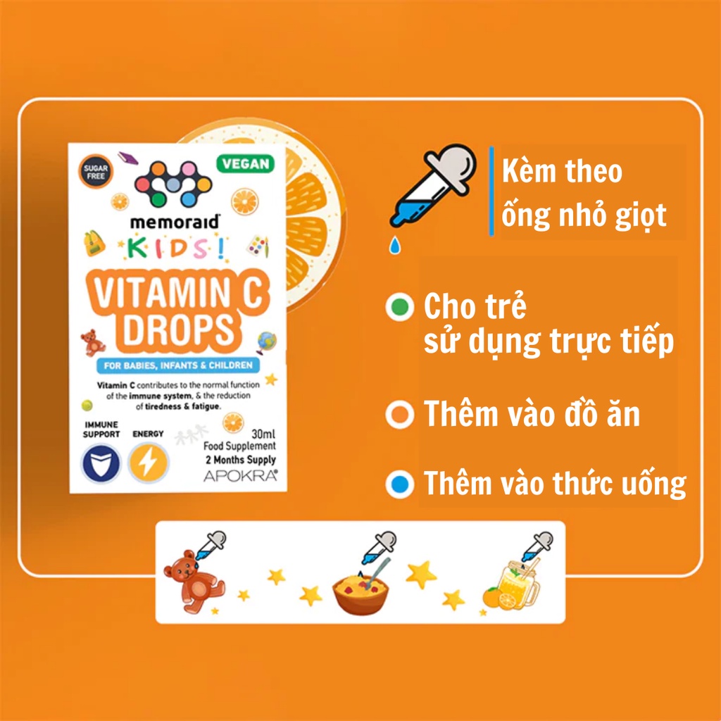 Giọt uống Memoraid Kids Vegan Vitamin C Drops lọ 30ml cho trẻ từ 6