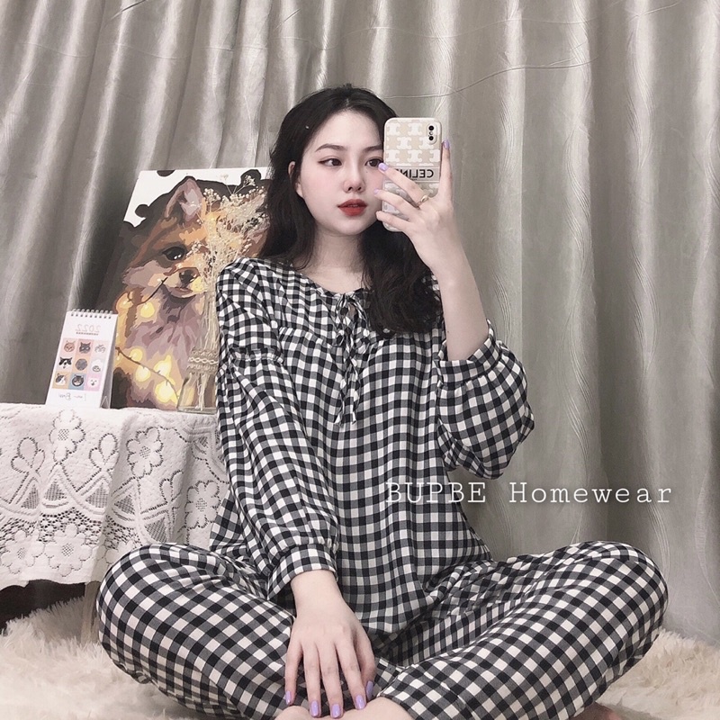 Đồ bộ nữ, pijama dài tay họa tiết kẻ SOMNIA, đồ ngủ bigsize, bộ ngủ mặc nhà , pyjama chất thô mềm mại