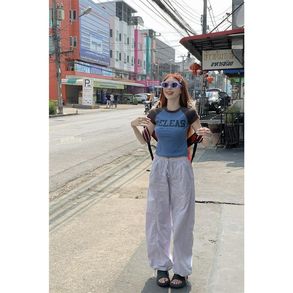 Ethelgirl Áo Thun Croptop Tay Ngắn Dáng Ôm In Họa Tiết Raglan Thời Trang Cho Nữ