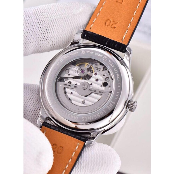 Đồng hồ Nam L-ongines cơ automatic trăng sao cao cấp máy Myota dây da mặt trắng vỏ vàng số đá sang trọng lịch lãm 41mm