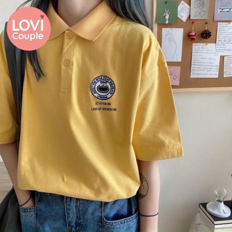 Áo thun tay lỡ có cổ dạng polo basic LoGo ngực màu vàng cực nổi bật mùa hè, áo thun cổ bẻ nữ oversize | BigBuy360 - bigbuy360.vn