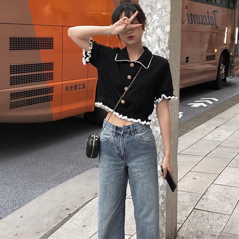 Áo thun tay ngắn có cổ bèo ngọt ngào thời trang cho nữ