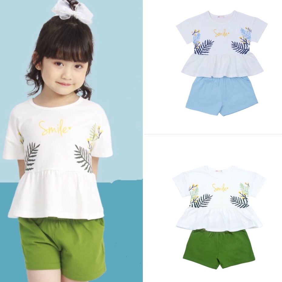 [CHÍNH HÃNG] Bộ quần đùi áo cộc bé gái họa tiết chiếc lá nhún eo ASKD018BTX Zose