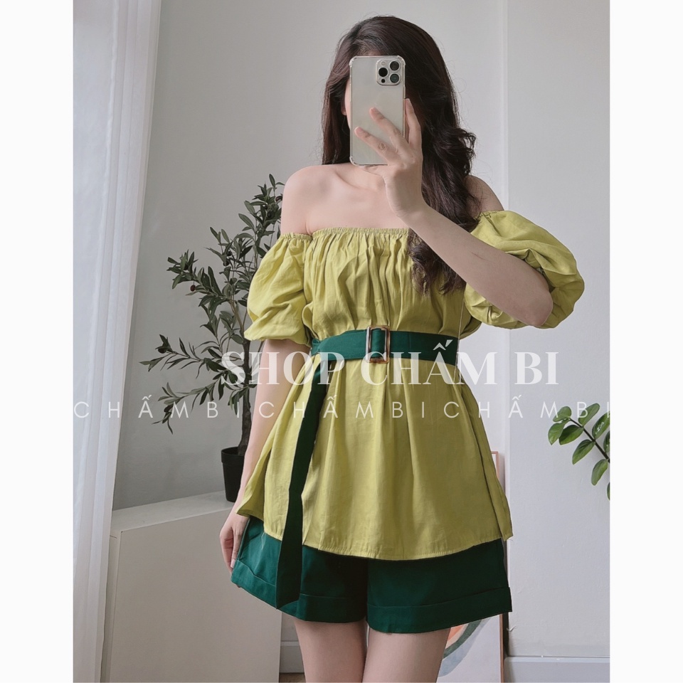 Set tiểu thư S.050, Set áo babydoll trễ vai kèm thắt lưng và quần short kaki be