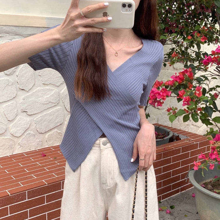 Áo tay ngắn cổ chữ V màu trơn ôm dáng phong cách Hàn Quốc thời trang cho nữ JL-TX-132