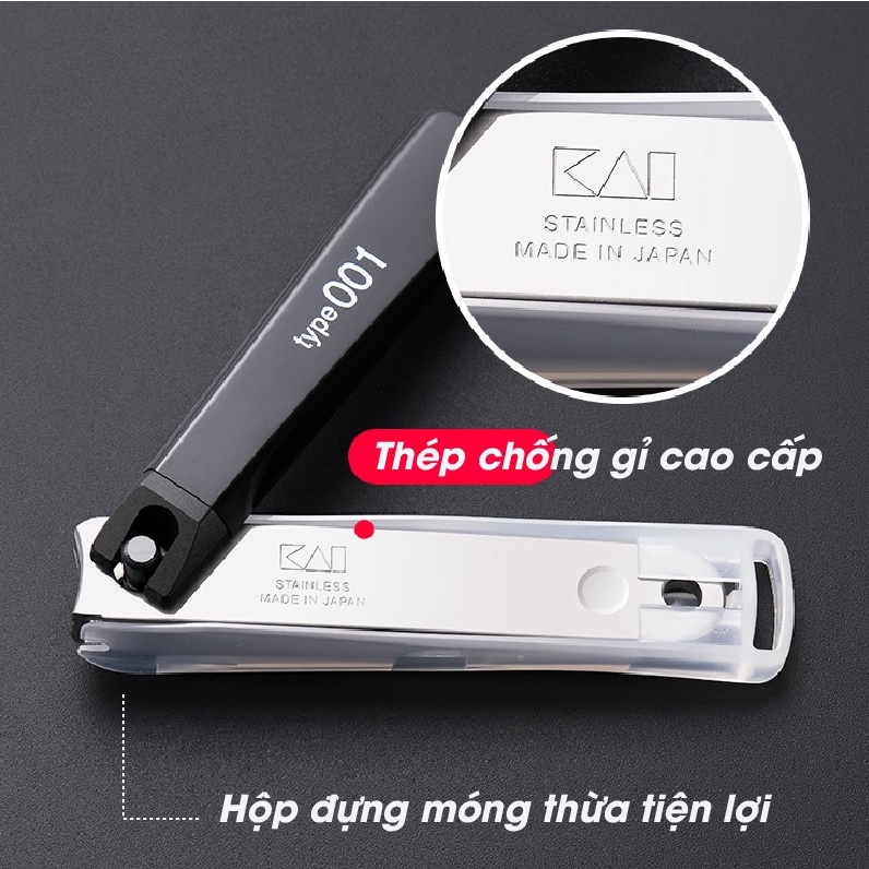 Bấm móng tay Nhật KAI thép chống gỉ cỡ nhỏ 001 - Kèm dũa và đựng móng thừa - BH 12 tháng 1 đổi 1