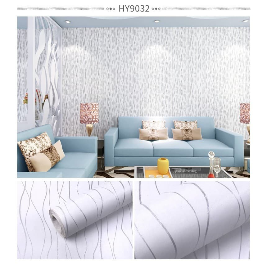 Giấy dán tường tua rua bạc nền trắng cuộn 10m khổ rộng 45cm có keo dán sẵn