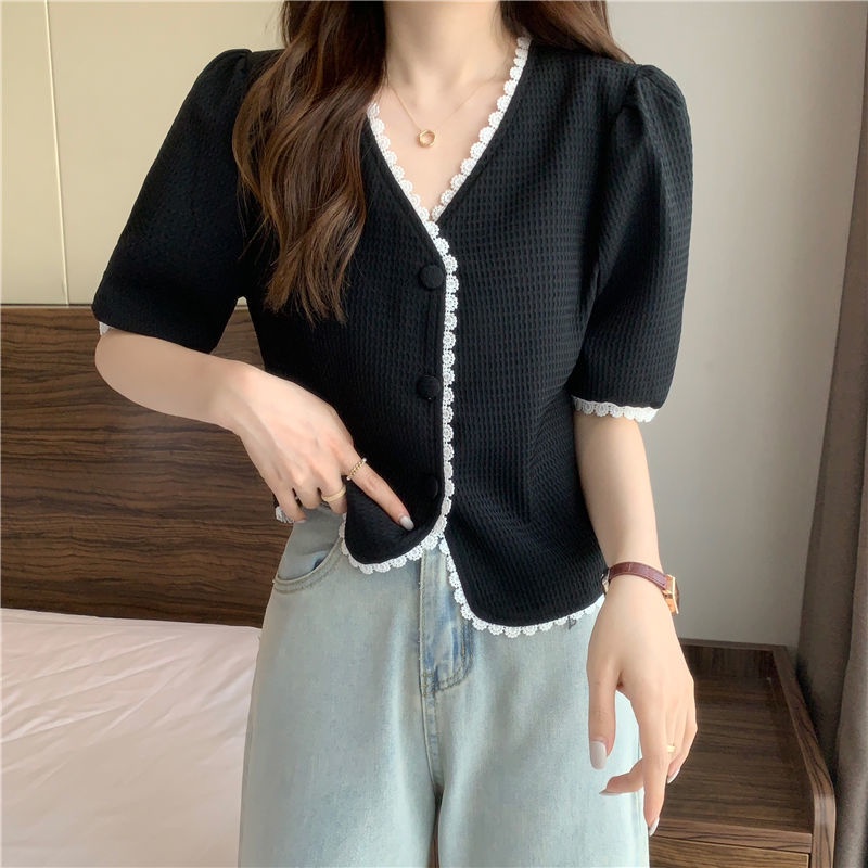 Áo Sơ Mi Cổ Chữ V Tay Ngắn Viền Ren Kiểu Dáng Mới Dành Cho Nữ