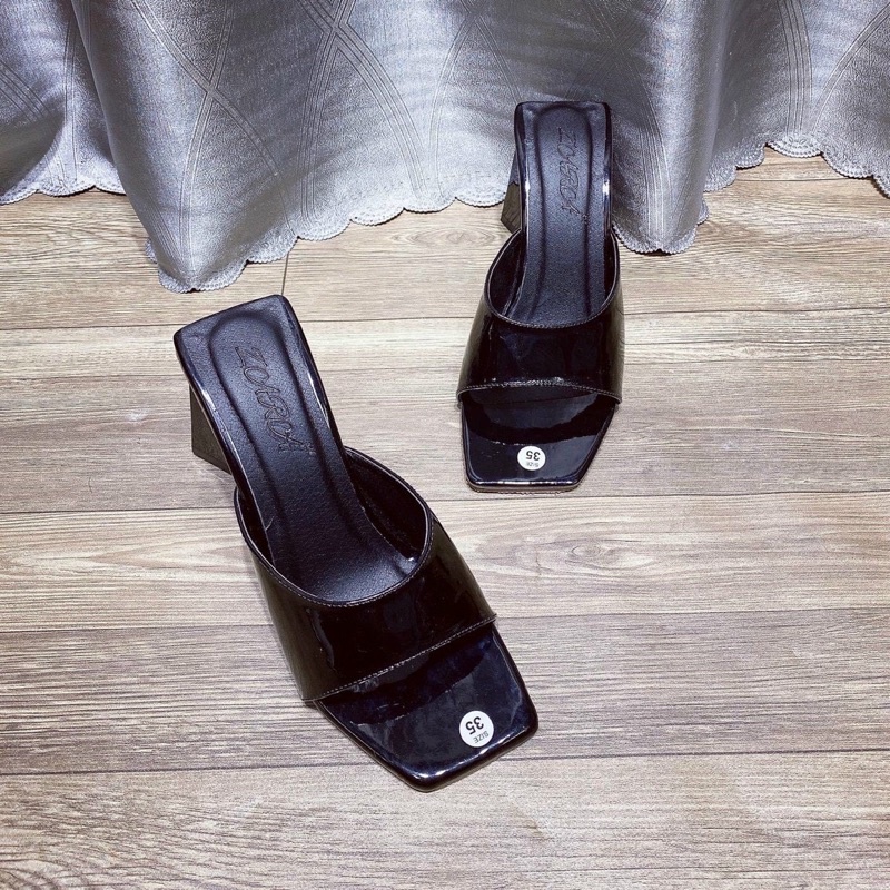 Giày gót tam giác mũi vuông da bóng cao 9cm hót tread xinh xắn