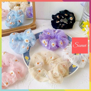 Dây buộc tóc scrunchies họa tiết thêu hoa cúc T026