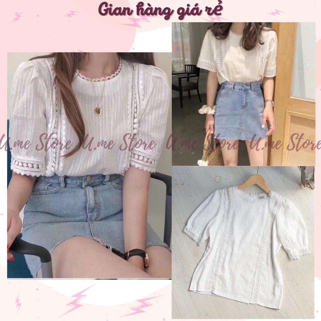 Áo trắng cộc tay cổ tròn thiết kế viền ren Freesize dưới 54kg Áo cộc tay mẫu mới bánh bèo