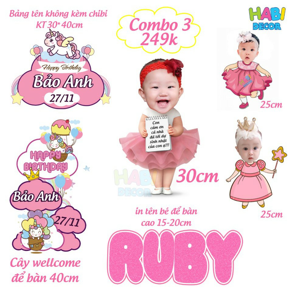 [ RẺ ĐẸP ] Set chibi, bảng tên, cây welcome, tên bé để bàn trang trí sinh nhật cho bé gái BG01