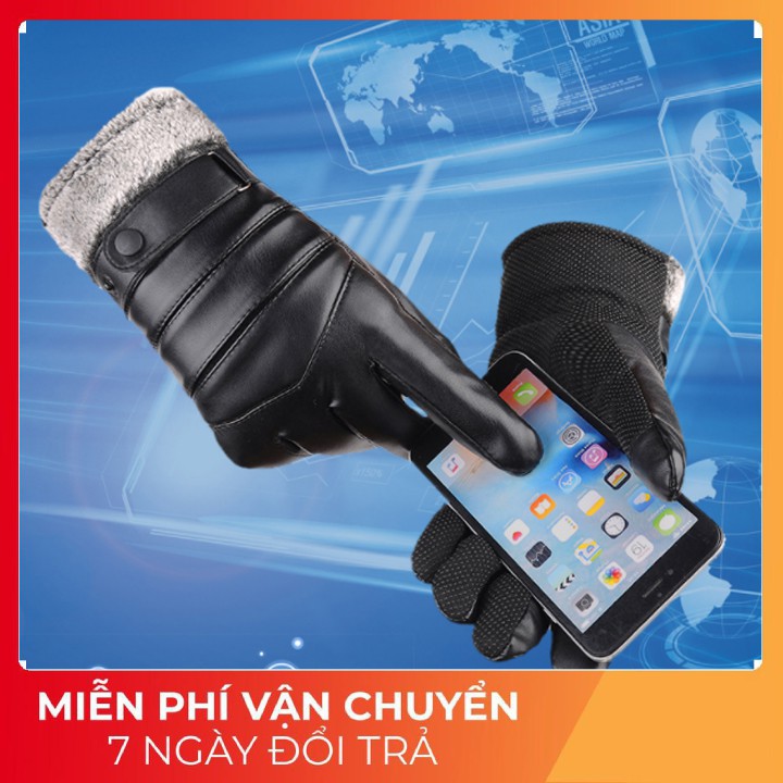 Găng tay da nam dùng được cảm ứng điện thoại, Bao tay da lót lông siêu ấm điều chỉnh được độ rộng cổ tay