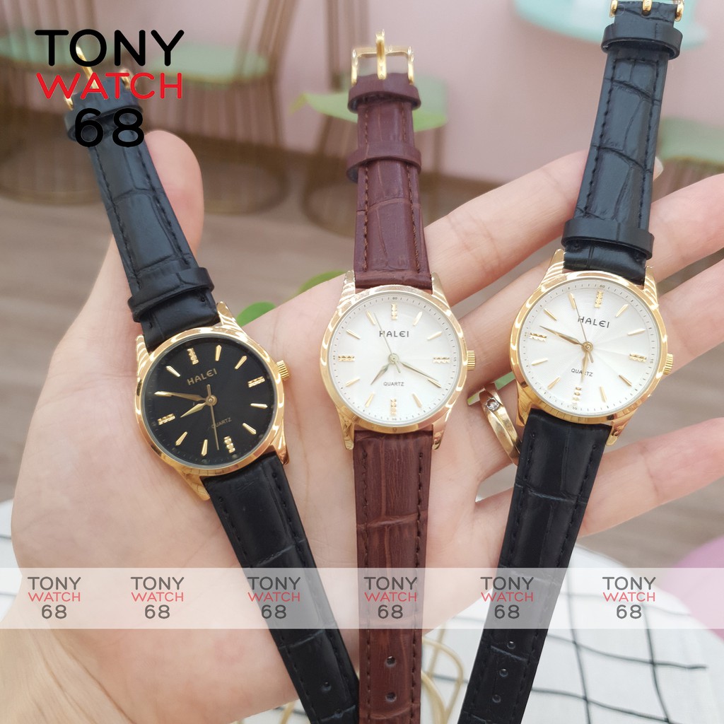 Đồng hồ cặp đôi nam nữ Halei viền vàng dây da siêu mỏng Tony Watch 68