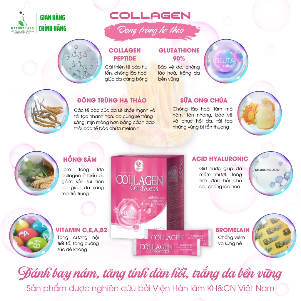 Nước uống Collagen Đông trùng hạ thảo trắng đẹp da se lỗ chân lông chống lão hoá mờ nám tăng cường sức khoẻ Nature Labs
