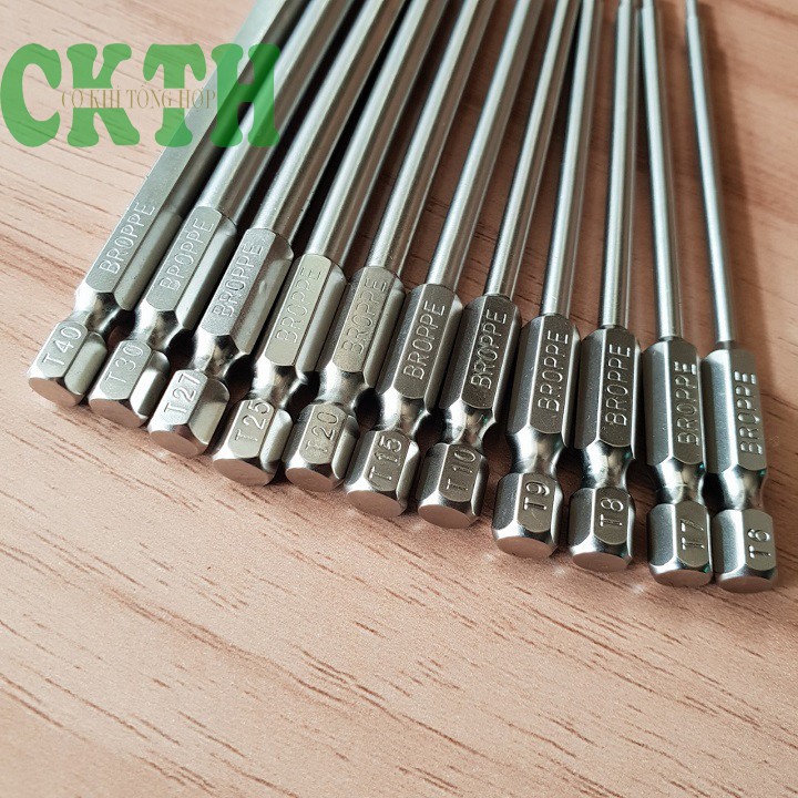 Bộ 11 mũi lục giác hoa thị dài 100mm hãng Broppe.  Mũi lục giác bông hoa thị có lỗ chuôi lục giác cho khoan Pin, điện