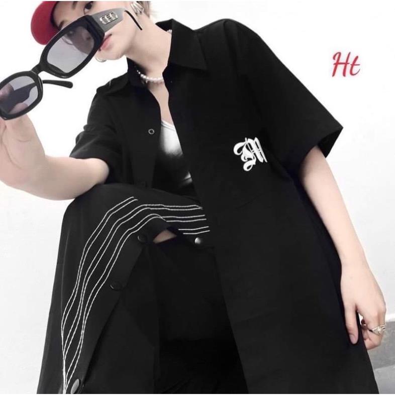 Áo sơ mi tay lỡ chữ M lượn cộc tay Ht