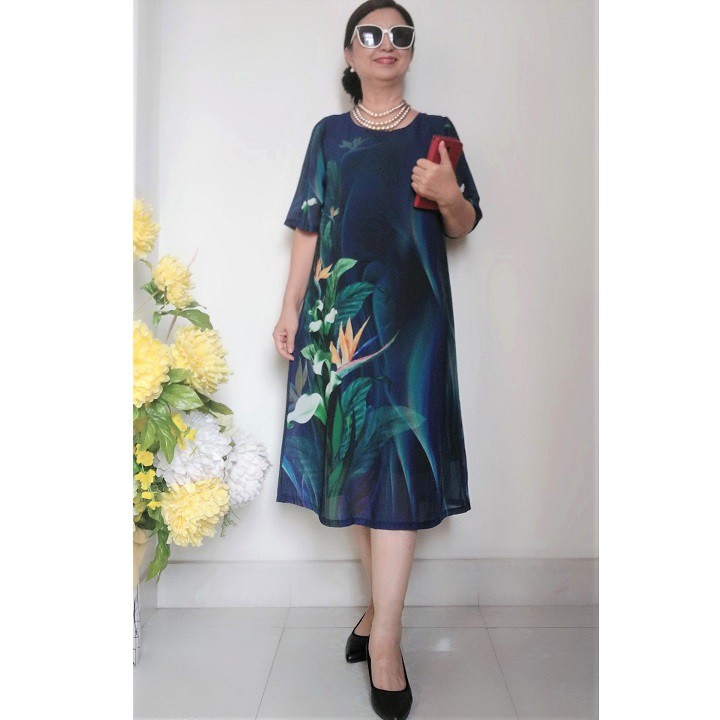 Váy Đầm Trung Niên Vải Voan In 3D - Form A Che Bụng - 2 Lớp, Có Dây Kéo - 50Kg Đến 80Kg | BigBuy360 - bigbuy360.vn