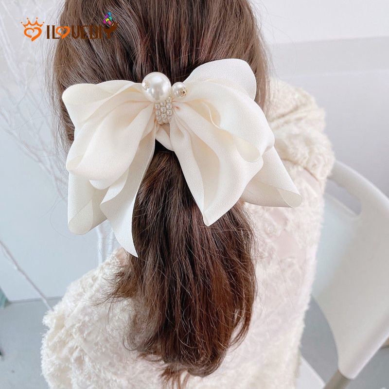 Kẹp Tóc Hình Nơ Đính Hạt Ngọc Trai Bằng Vải Chiffon Dễ Thương Dành Cho Bạn Gái
