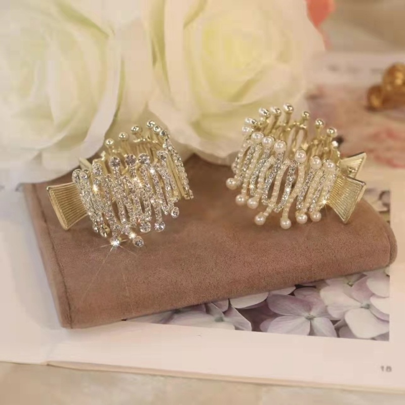 Kẹp Tóc Kim Loại Đính Đá Ngọc Trai Giả Độ Cố Định Cao Kiểu Đuôi Ngựa Tiện Dụng