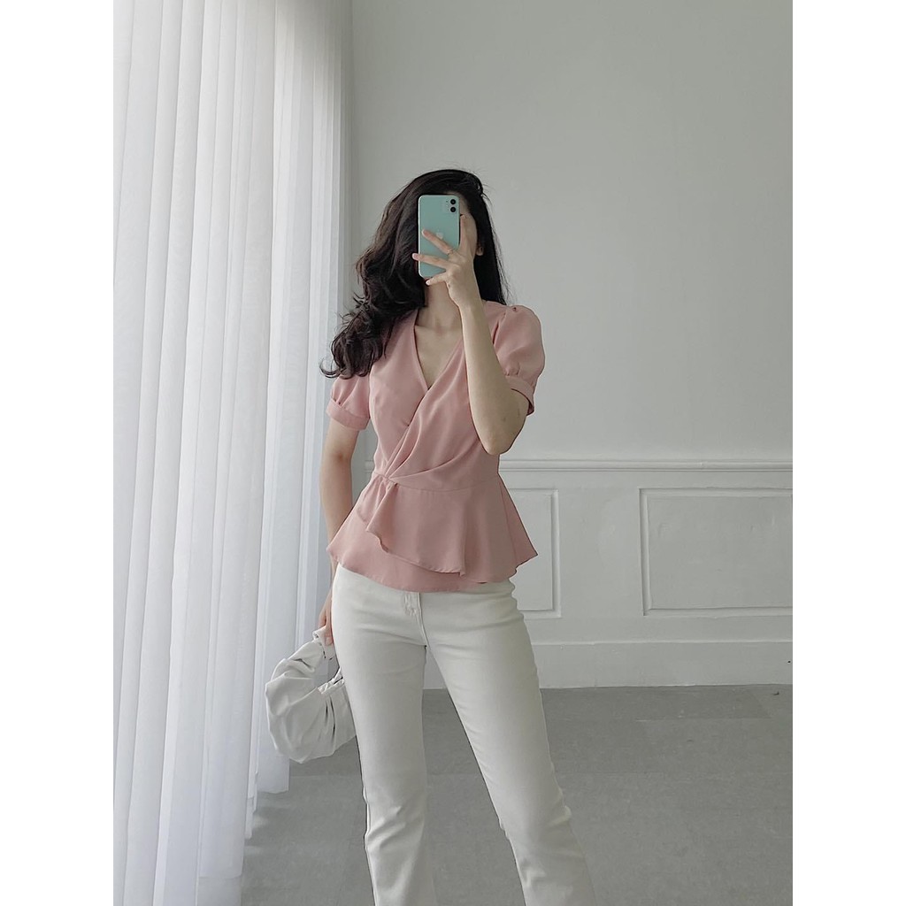 Áo sơ mi cổ V dáng peplum xòe cộc tay - áo sơ mi công sở nữ 087