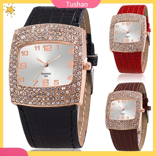 Đồng hồ mặt vuông đính đá phối dây đeo giả da cho nữ