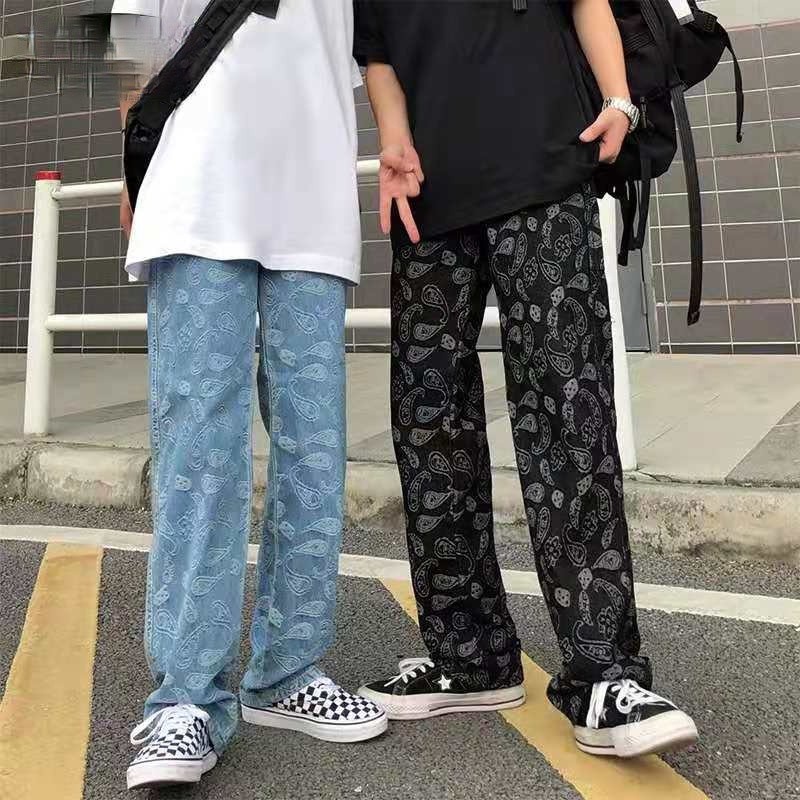 Quần jean nam ống rộng in hoa phong cách Hàn Quốc cho và nữ size S-3XL bigsize fashion quần bò nam simple quần dài ống đứng