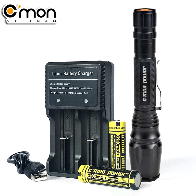 Bộ đèn pin siêu sáng C'MON TACTICAL 10W + 2 pin sạc + sạc nhanh USB 1A (VÀNG)