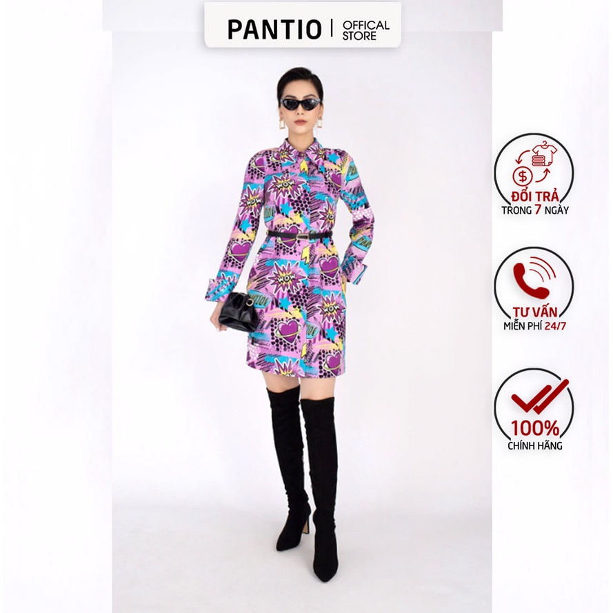 FDP12858 - Đầm dạo phố vải thô in họa tiết cổ lá to tay dài măng séc lật gấu - PANTIO