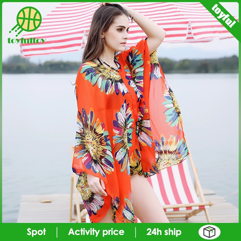[Toyfulcabin] Áo Choàng Kimono Voan Màu Đỏ Đi Biển Cho Nữ