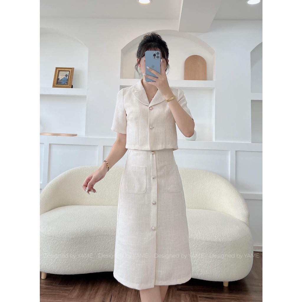 Set gồm áo và chân váy dài chất dạ mỏng 2 lớp màu be xanh cốm YAME Set Sky/ Blue- Beige