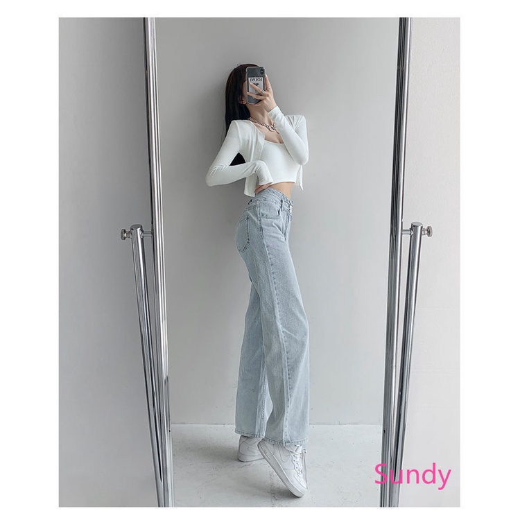 Quần jean lưng cao ống rộng phối nút đơn giản thời trang mùa hè dành cho nữ