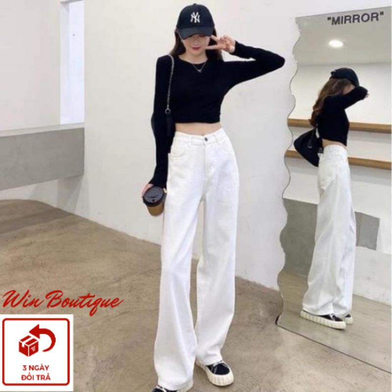 Quần jeans trắng cạp cao chất liệu bò dày đẹp phom suông rộng hack dáng Hot 2022