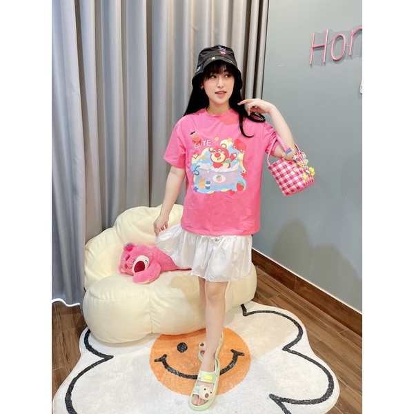 HOT - SET ÁO THUN GẤU DÂU DỄ THƯƠNG KÈM CHÂN VÁY XINH XẮN