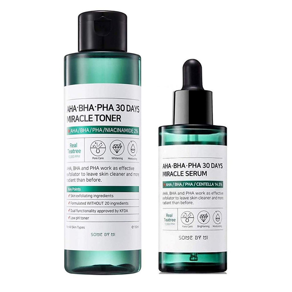 Bộ 2 Sản Phẩm Dưỡng Da Giảm Mụn Some By Mi AHA-BHA-PHA 30 Days Miracle (Nước Hoa Hồng, Tinh Chất)