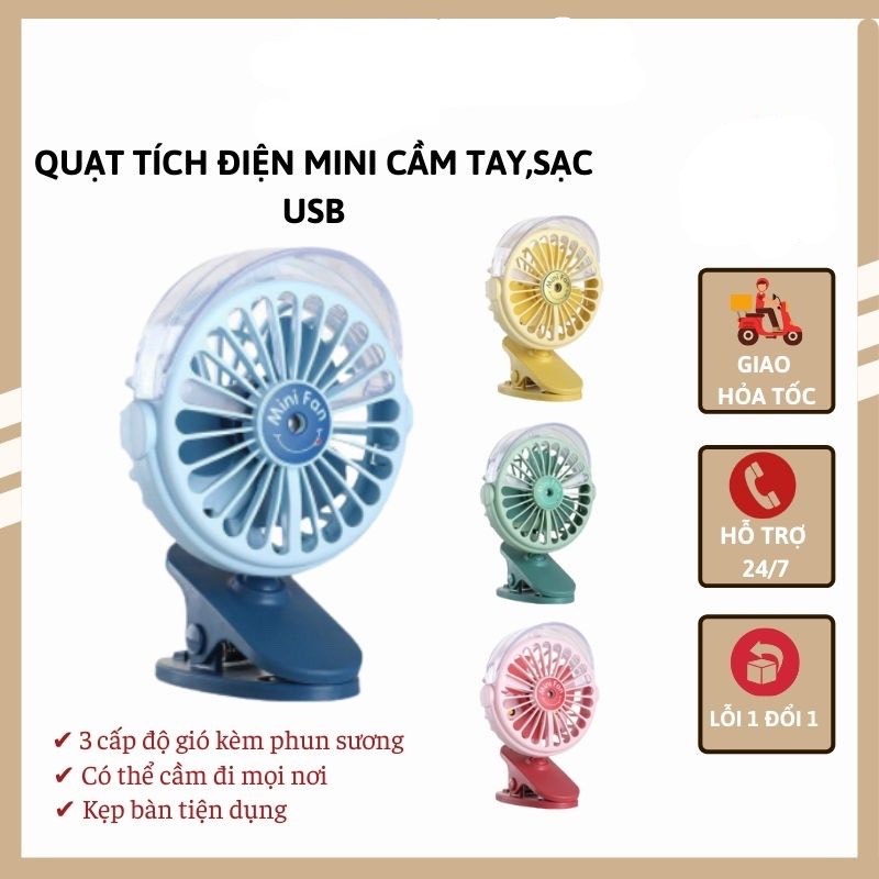 Quạt tích điện, không phun sương kẹp bàn có đèn led, xe đẩy cầm tay 3 tốc độ gió, sạc USB, xoay 180 độ, MINI 6688