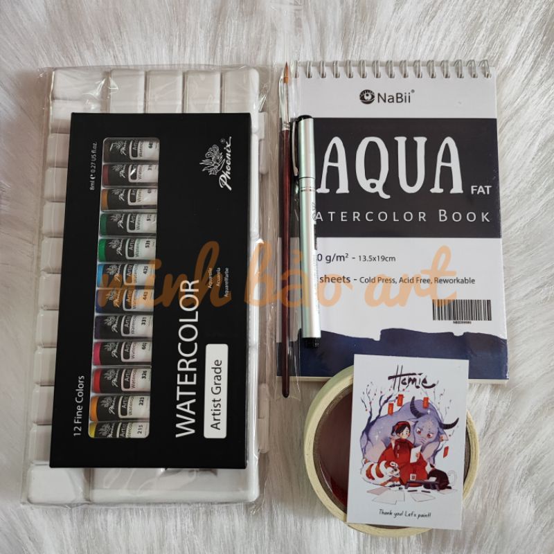 HOLIC WATERCOLOR SET (6 MÓN NHẬP MÔN MÀU NƯỚC TIẾT KIỆM - MÀU HỌA SĨ-SỔ NABII-CỌ HOLIC-KHAY PHA MÀU-BÚT LINE-CHẶN MÀU)