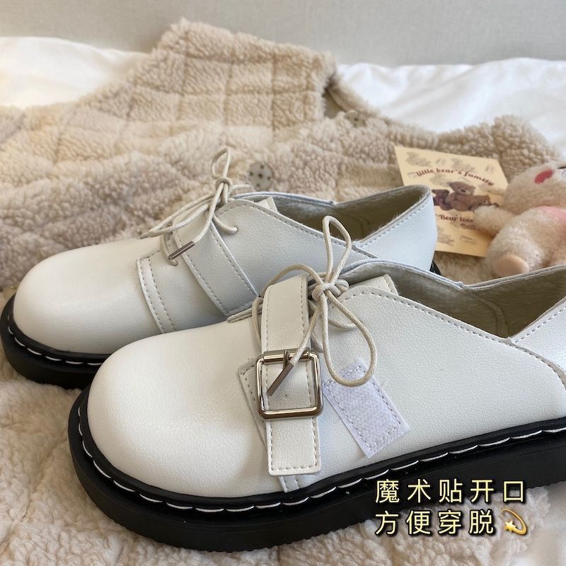 youngz Women's Shoes Spring New Style White Leather Shoes Female Students Velcro LolitajkBig Head Shoes British White Shoes