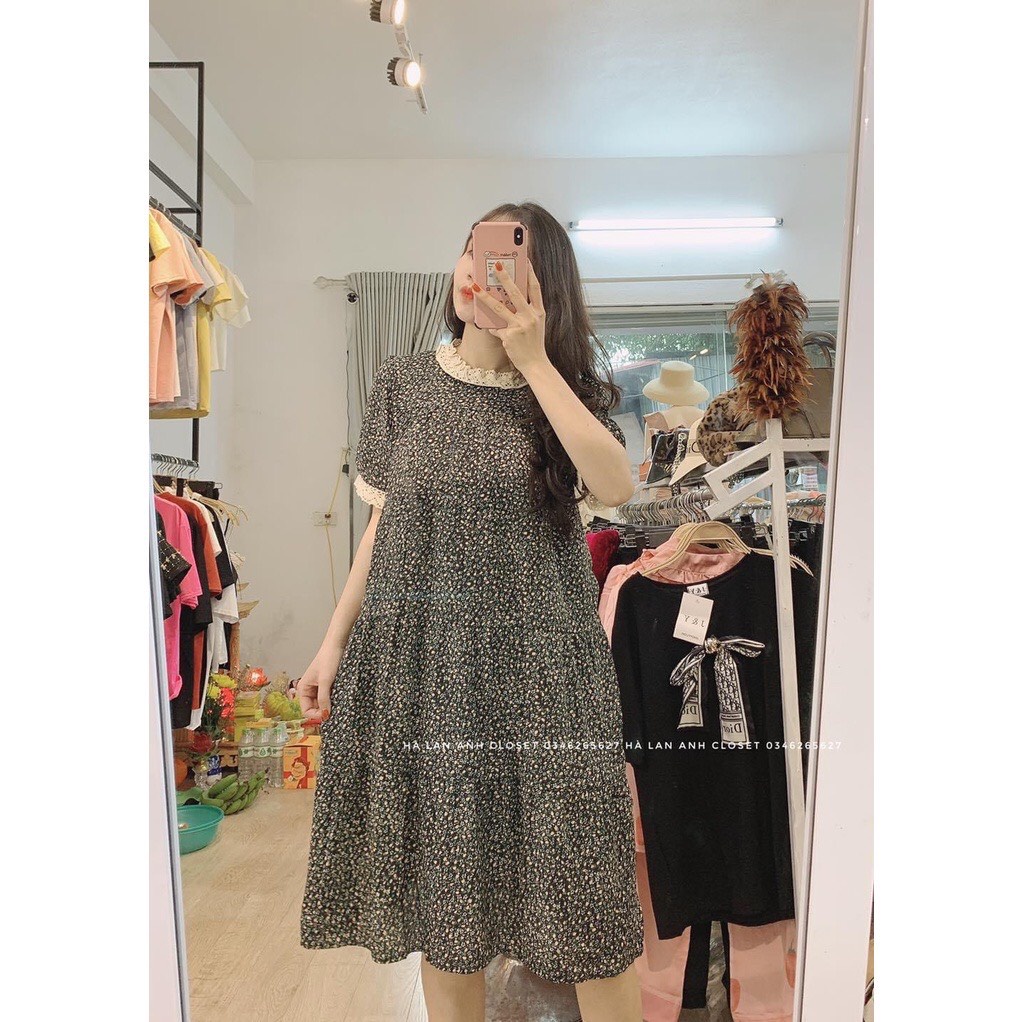 Váy đầm Bầu Hoa Nhí Cổ Ren Mùa Hè Ngắn Tay, Thiết Kế Xinh Xắn Vintage FREESIZE cho cả mẹ không bầu cũng mặc thoải mái