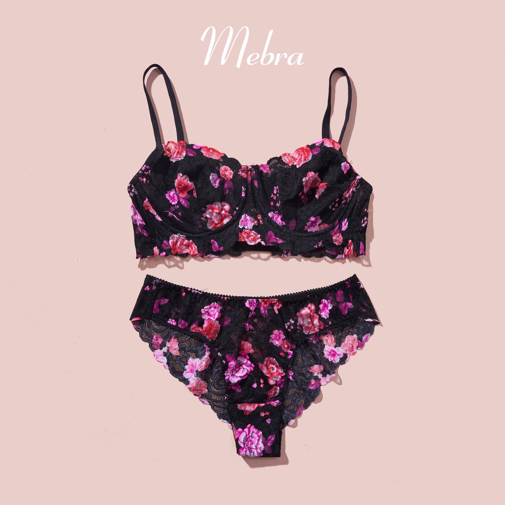 Set đồ lót ren có gọng không đệm, ren đen họa tiết hoa hồng sexy, quyến rũ, gọi cảm Mebra