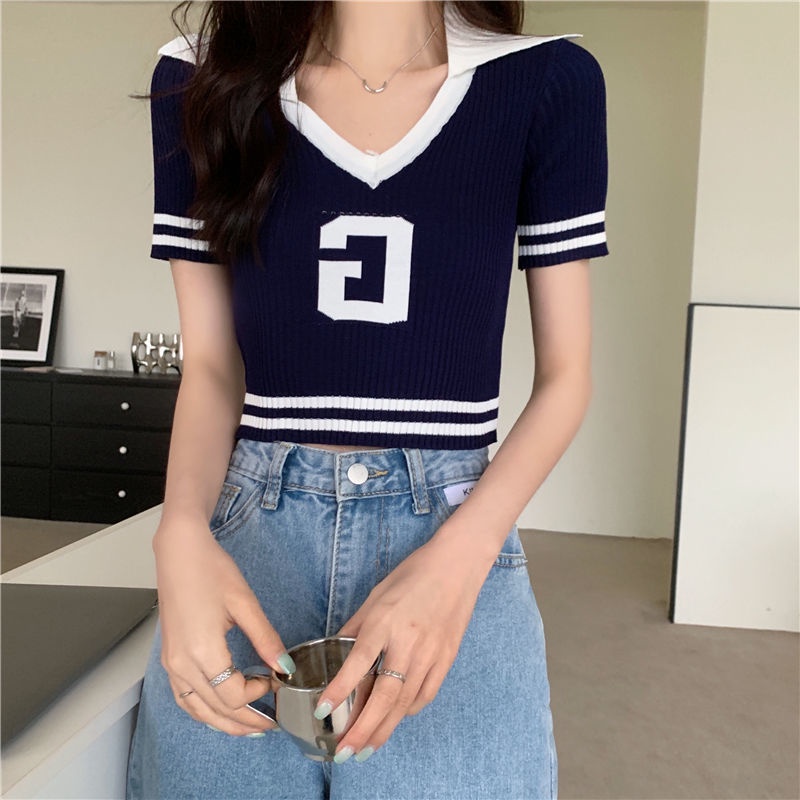 Áo Len Tay Ngắn Cổ Chữ v Họa Tiết Chữ Thời Trang Màu Sắc Phong Cách Hàn Quốc Dành Cho Nữ