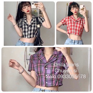 Áo sơ mi croptop cổ vest kẻ caro