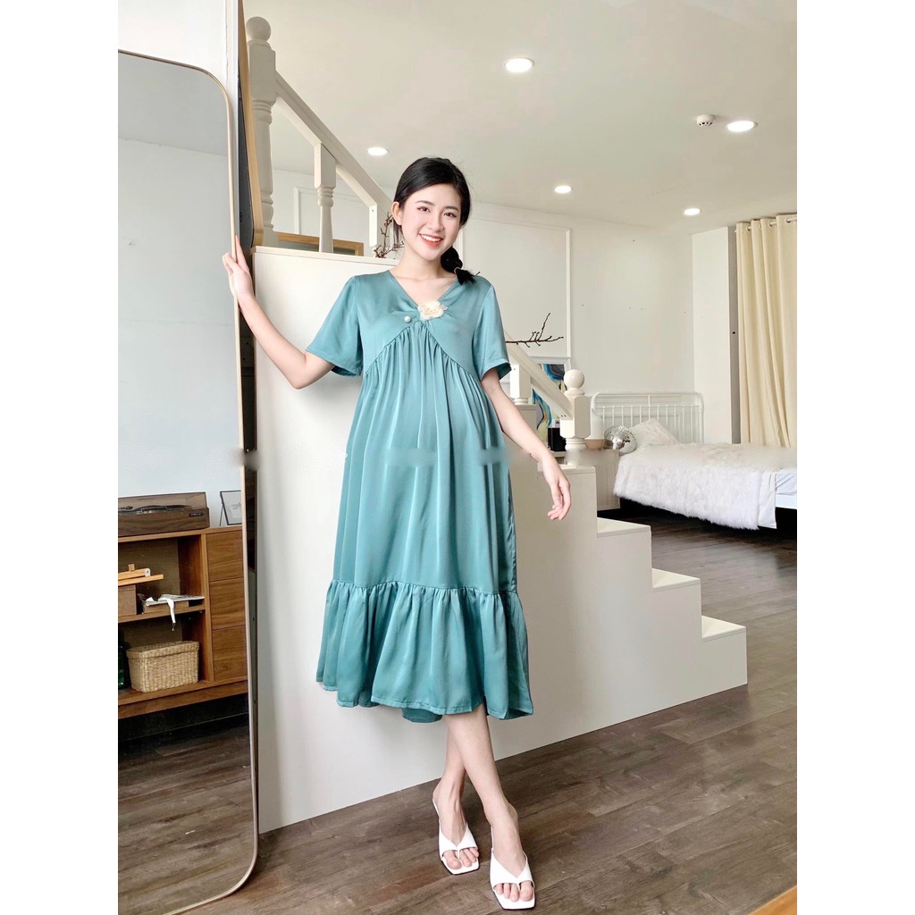 ĐẦM LỤA BẦU ĐÍNH HOA DÁNG DÀI SUÔNG CHO BẦU VÀ KHÔNG BẦU