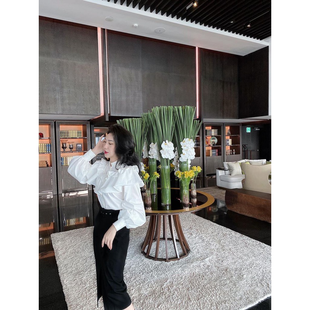 Áo sơ mi bèo tầng nút ngọc cổ trụ,áo kiểu nữ cổ trụ tay dài.