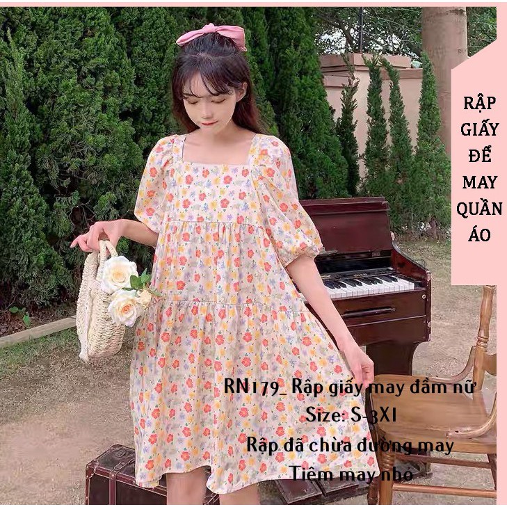 RN179_rập giấy may đầm xòe cổ vuông nữ