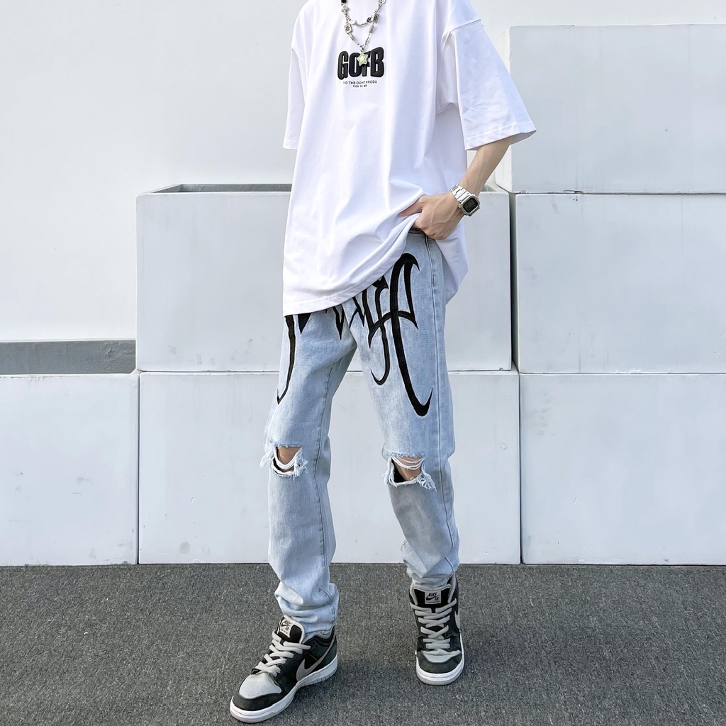 Quần Jeans Hip-Hop Đường Phố Dáng Rộng Thêu Chữ Màu Sắc Sáng Màu Nhạt Phong Cách Âu Mỹ Cho Nam