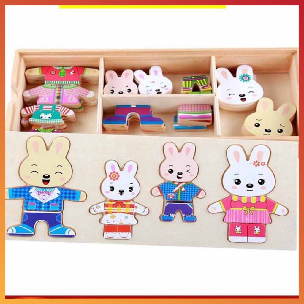 Bộ ghép hình gia đình thỏ gỗ cho bé - Mặc quần áo cho gia đình thỏ