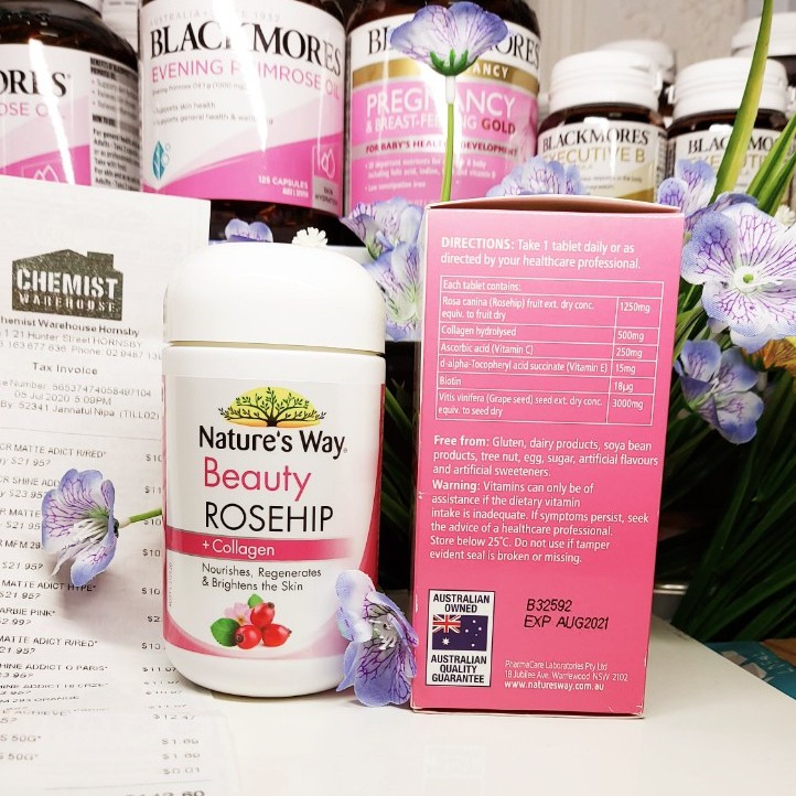 Viên Dưỡng trắng da Nature's Way Beauty Rosehip + Collagen 60 viên