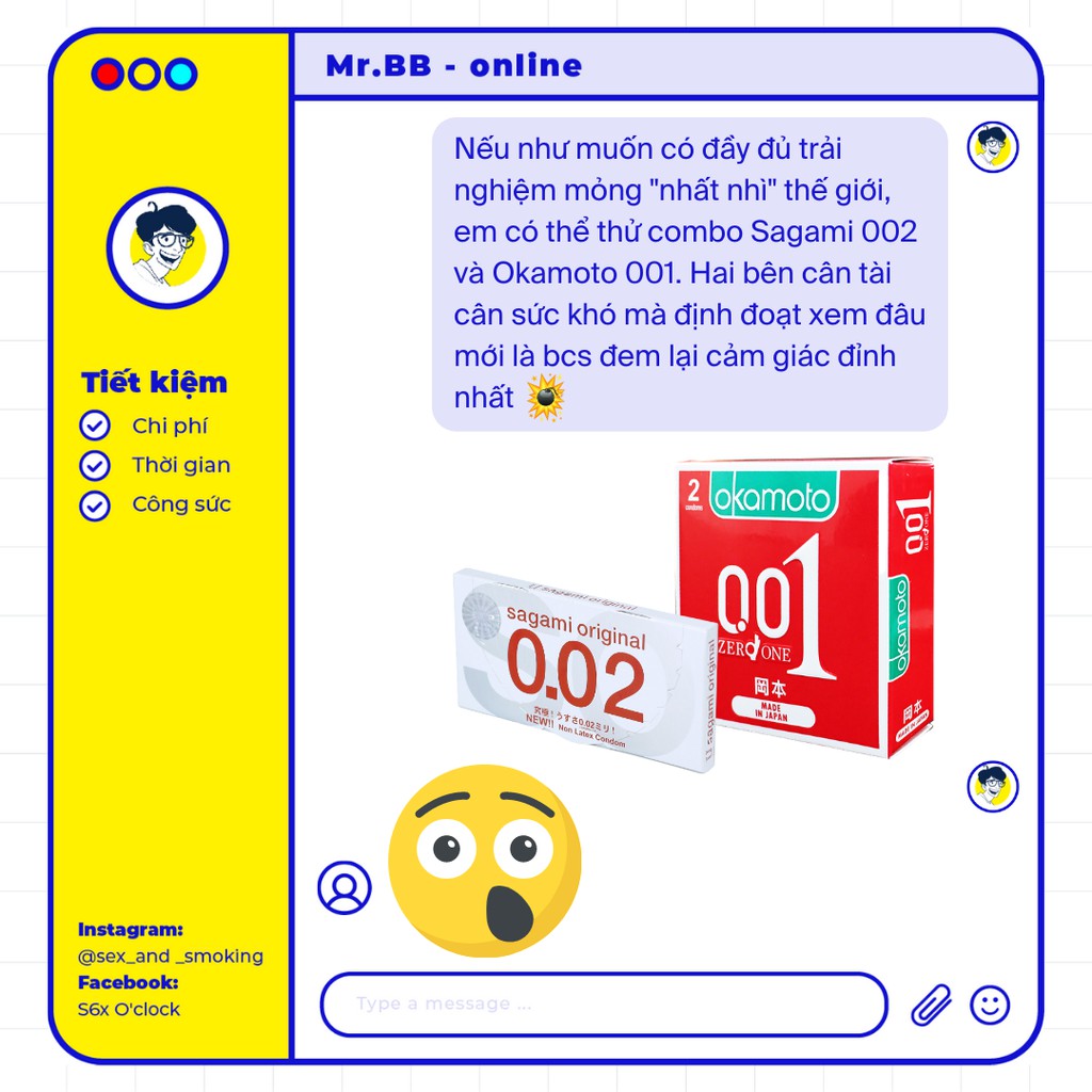 Bao cao su Sagami 0.02 siêu mỏng chính hãng 2 chiếc, không màu, không mùi, dùng được cho người kích ứng cao su Mr.BB