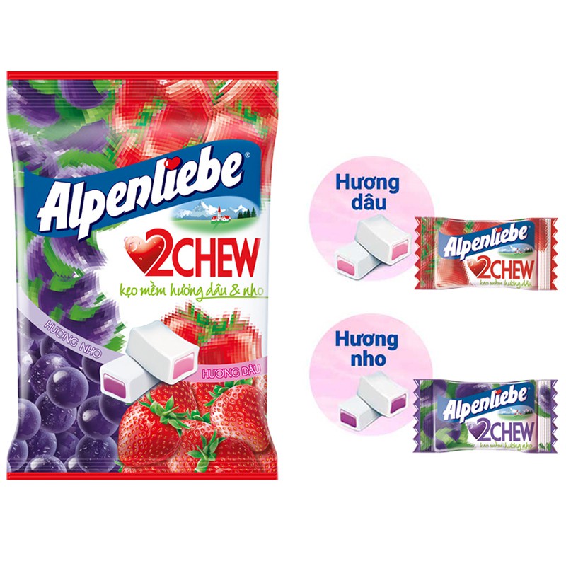 Kẹo 2Chew mềm Alpenliebe [Dâu &amp; Nho] / [Dâu - Dưa Hấu] / [Táo - Dâu &amp; Cam - Dưa Lưới]